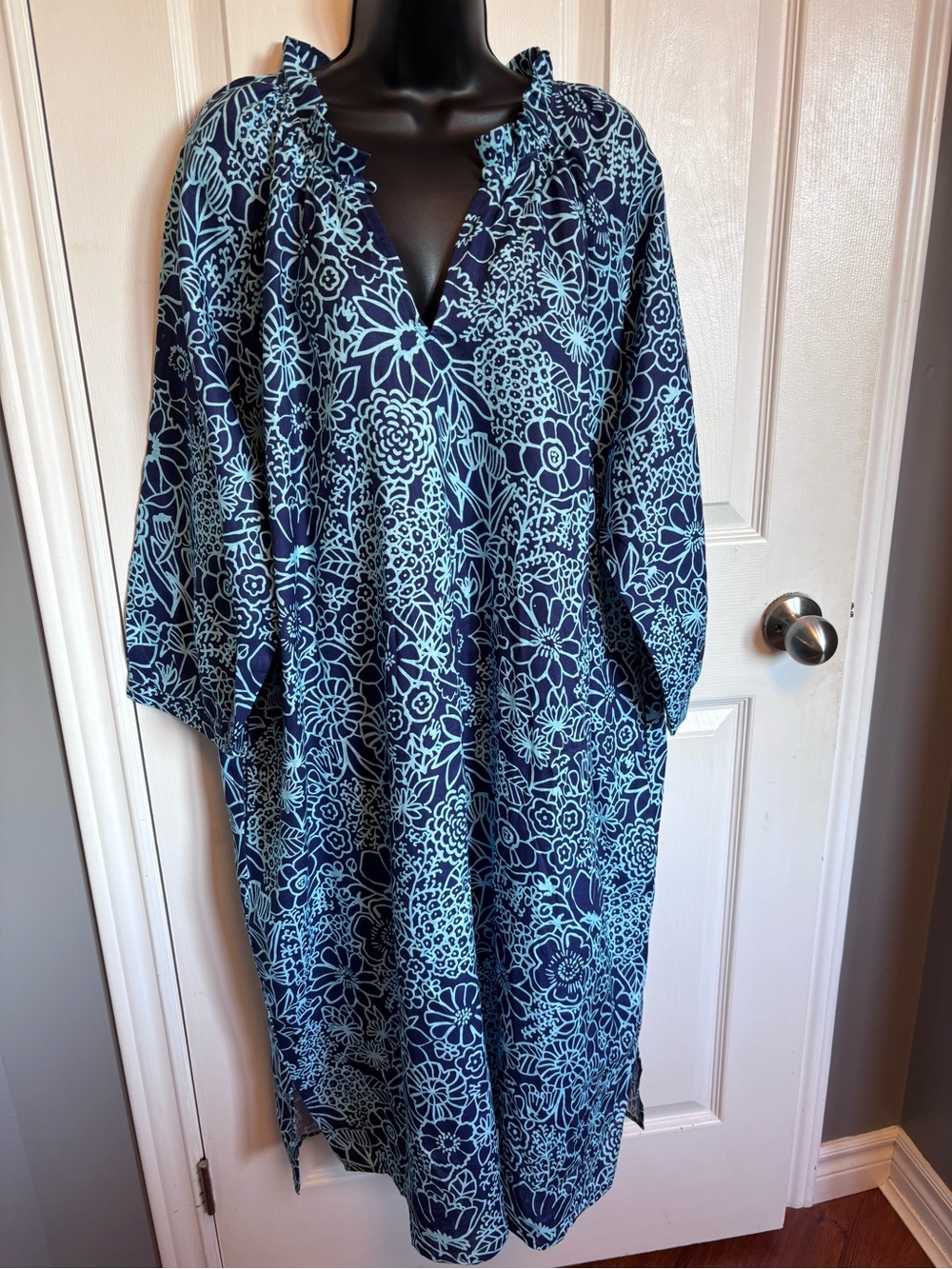 Lesley Evers Savannah Linen Shift Dress 2XL Midsummer Navy Floral Pockets